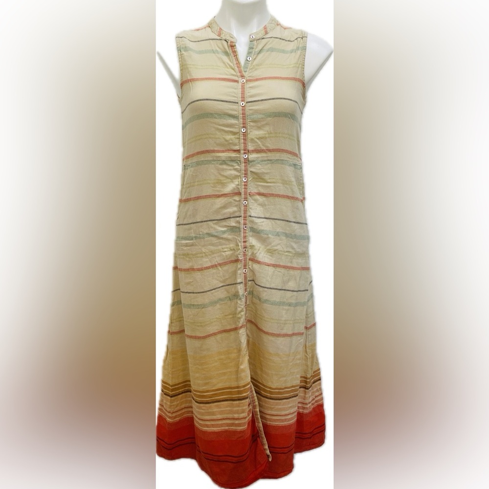 ATEESA STRIPED OMBRÉ INDIA BUTTON FRONT POCKET SLEEVELESS LIGHTWEIGHT MIDI DRESS